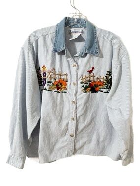 Vintage Westport Ltd Embroidered Fall Harvest Striped Button-Up Shirt Size Large